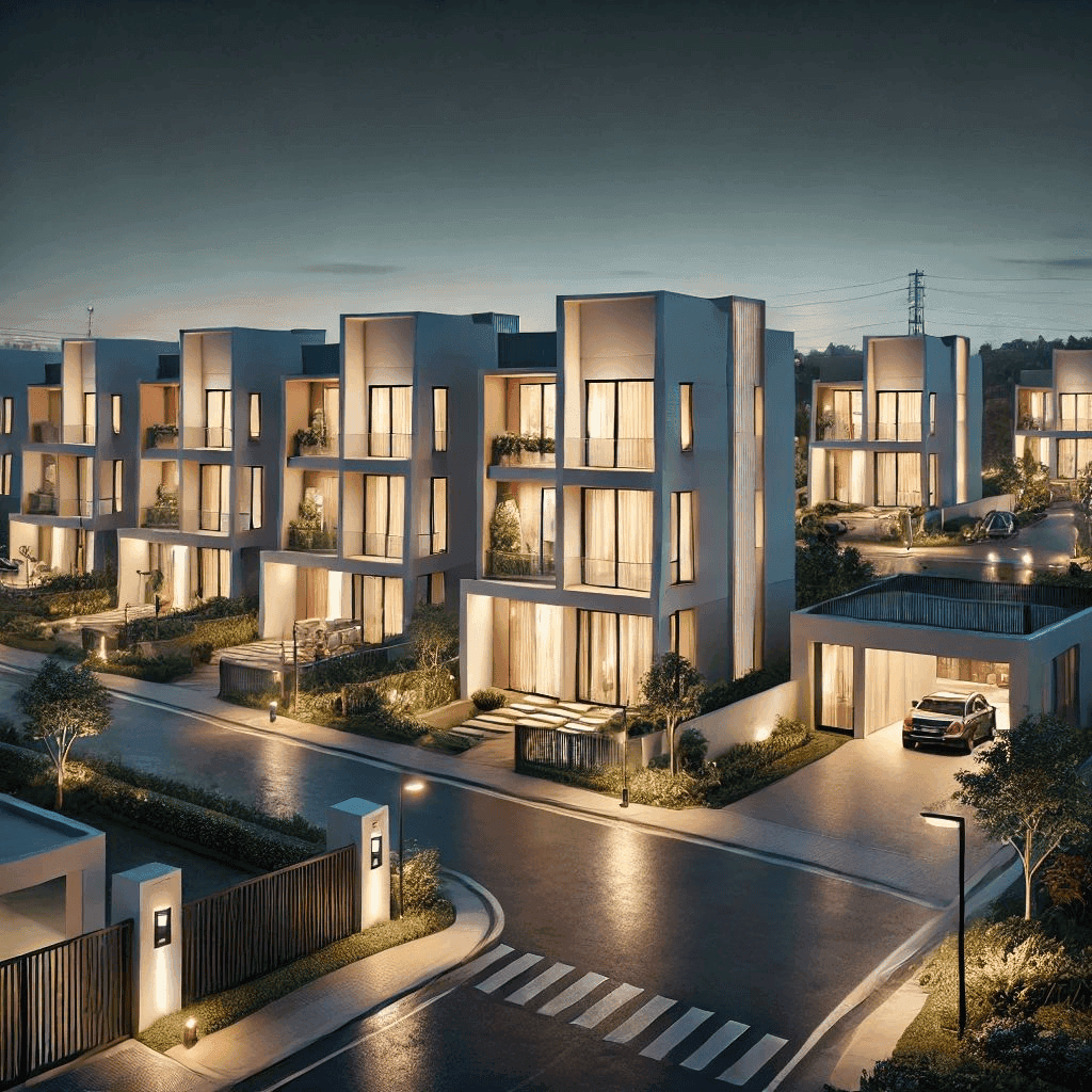 Luxury villa development at dusk