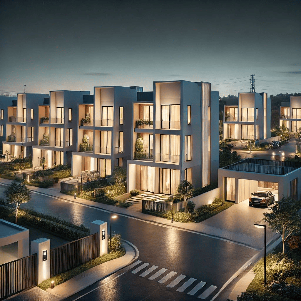 Luxury villa development at dusk